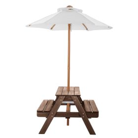 Kids Picnic Table with Umbrella, 3-in-1 Sand & Water Table, Outdoor Wooden Table and Bench Set with 2 Trays