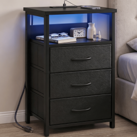 Nightstand with Charging Station, 3 Fabric Drawers, LED Light & Open Shelf, Modern End Table with AC Outlets & USB Ports, Bedside Table for Bedroom