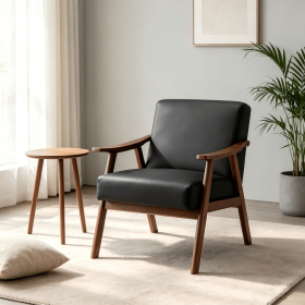 Accent Chair with Microfiber Upholstery and Solid Wood Frame, Classic Mid-Century Modern Living Room Furniture for Extra Seating, Black PU/PVC