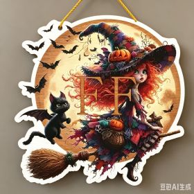 Halloween New Hot Selling Riding Broom Magical Witch Creative Wooden Printing Doors and Windows Garden Hanging Decoration (Color: 1, size: 15*15*0.5)