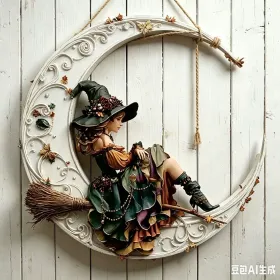Halloween New Hot Selling Riding Broom Magical Witch Creative Wooden Printing Doors and Windows Garden Hanging Decoration (Color: 27, size: 30*30*0.5)