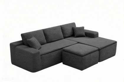 106.5" Modern Minimalist Modular Sectional Couch with Seat Cushion & Ottoman, Comfort L Shaped Sofa for Living Room, No Assembly Required (Color: Dark Gray-with Seat Cushion & Ottoman, Orientation: 3-seater Right Hand Facing)