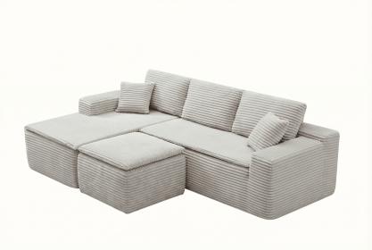 106.5" Modern Minimalist Modular Sectional Couch with Seat Cushion & Ottoman, Comfort L Shaped Sofa for Living Room, No Assembly Required (Color: Beige-with Seat Cushion & Ottoman, Orientation: 3-seater Left Hand Facing)