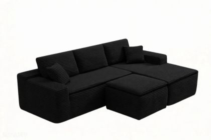 106.5" Modern Minimalist Modular Sectional Couch with Seat Cushion & Ottoman, Comfort L Shaped Sofa for Living Room, No Assembly Required (Color: Black-with Seat Cushion & Ottoman, Orientation: 3-seater Right Hand Facing)