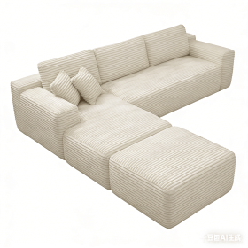 106.5" Modern Minimalist Modular Sectional Couch with Ottoman, Comfort L Shaped Sofa for Living Room, No Assembly Required (Color: Beige-with Ottoman, Orientation: 3-seater Left Hand Facing)