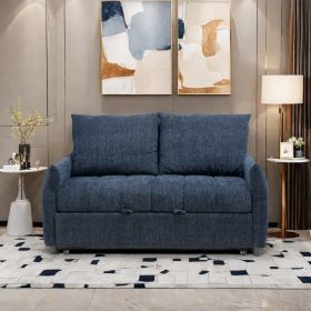 57.48" Big Size Sofa Bed Line Fabric Futon Couch with Adjustable Backrest, Modern Loveseat Sofa Sleeper for Living Room (Color: Navy)