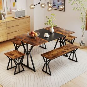 5-Piece Dining Room Set Industrial Rectangular Kitchen Table with 2 Benches and 2 Stools (Color: Rustic Brown)