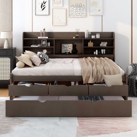Full Size Wooden Captain Bed with Built-in Bookshelves, Three Storage Drawers and Trundle (Color: Antique brown)