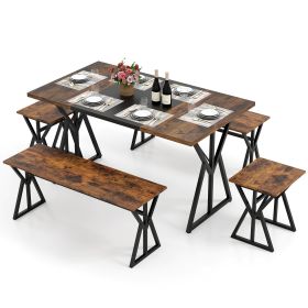 5-Piece Dining Room Set Industrial Rectangular Kitchen Table with 2 Benches and 2 Stools (Color: Rustic Brown+Black)