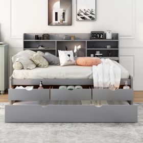 Full Size Wooden Captain Bed with Built-in Bookshelves, Three Storage Drawers and Trundle (Color: LIGHT GREY)