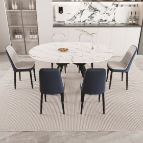 47-63" expandable circular dining tables , equipped with 6 PU fabric thick cushioned dining chairs and an elegant and spacious dining table (Color: White+Blue)