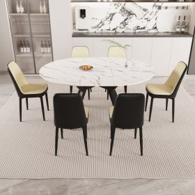 47-63" expandable circular dining tables , equipped with 6 PU fabric thick cushioned dining chairs and an elegant and spacious dining table (Color: White+beige+black)