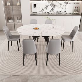 47-63" expandable circular dining tables , equipped with 6 PU fabric thick cushioned dining chairs and an elegant and spacious dining table (Color: White+Grey)