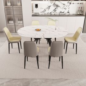 47-63" expandable circular dining tables , equipped with 6 PU fabric thick cushioned dining chairs and an elegant and spacious dining table (Color: White+Beige+Grey)