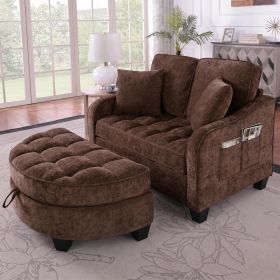 Sofa with Sleep Function, Small Sofa, Chaise Longue, 2-in-1 Sofa Bed Storage Stool & 4 Cushions, for Small Living Room (Color: Coffee)