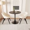31.5 " walnut color MDF round dining table, tulip dining table, and 2 artificial leather decorative chairs with black metal legs