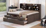 Full Size Wooden Captain Bed with Built-in Bookshelves, Three Storage Drawers and Trundle